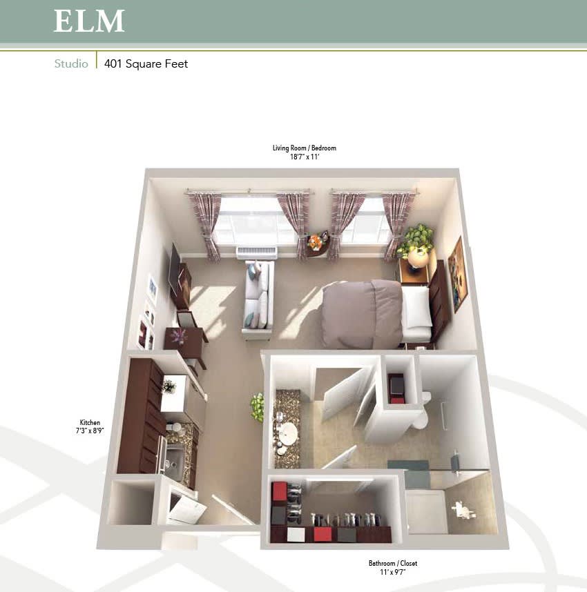 A 3D floor plan of a one-bedroom apartment called 'Elm', featuring a living area, kitchen, and bathroom.