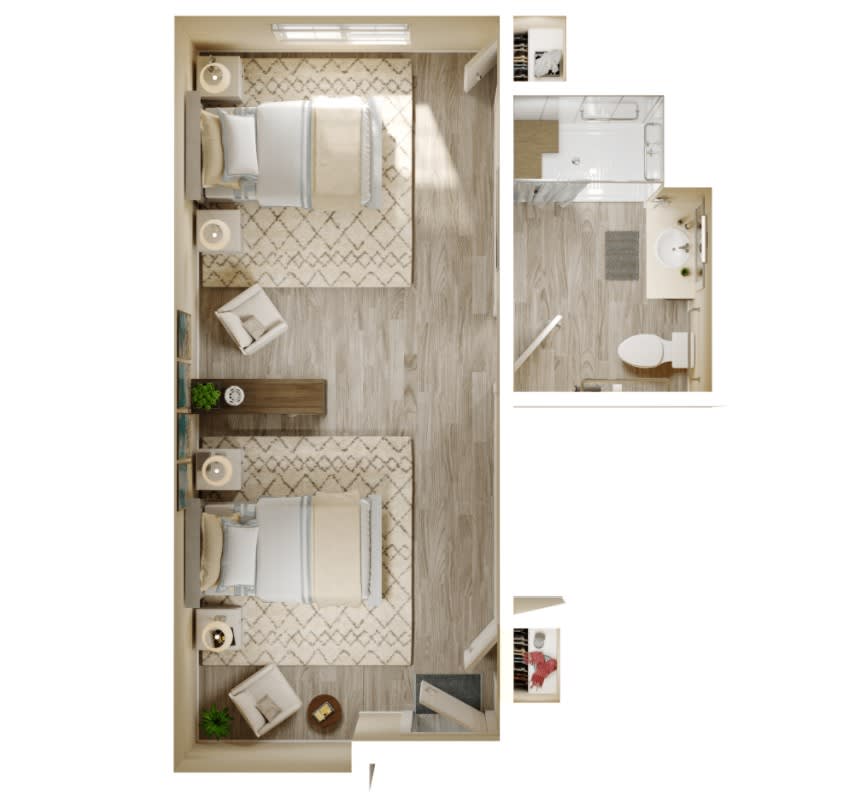 A top-down view of a floor plan featuring two beds and a connected bathroom, showcasing an efficient use of small living space.