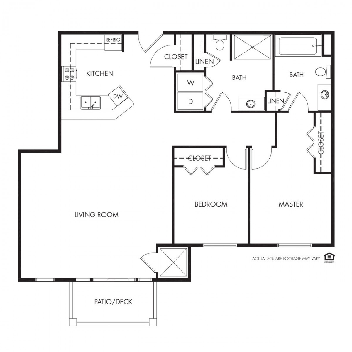 A detailed floor plan of a one-bedroom apartment featuring a kitchen, bathroom, living room, and balcony.