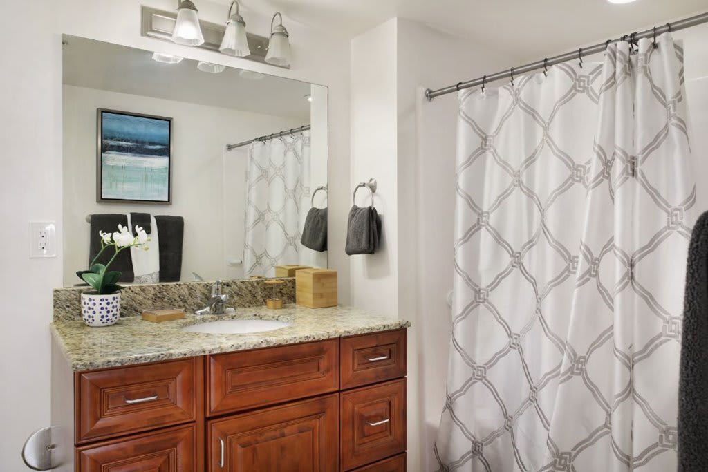 A modern bathroom with wooden cabinets, a granite countertop, and a patterned shower curtain.