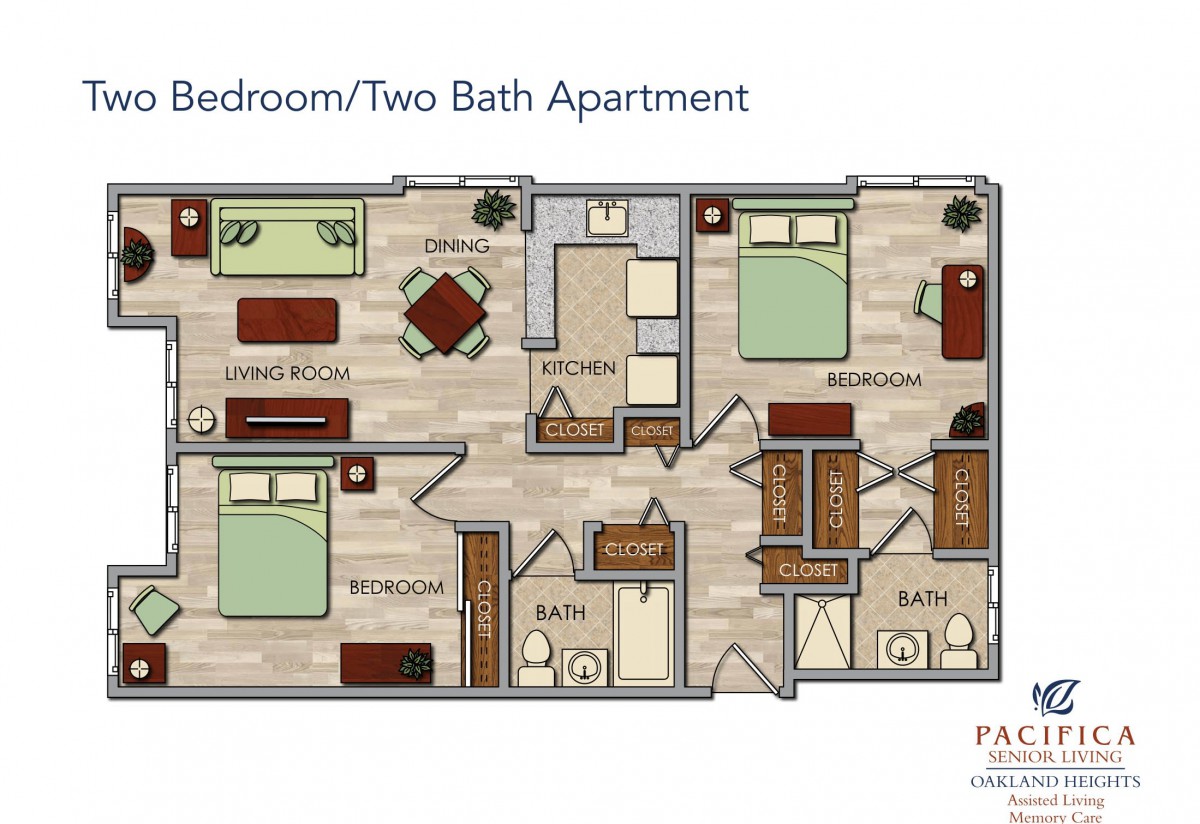 A floor plan of a two-bedroom, two-bath apartment layout.