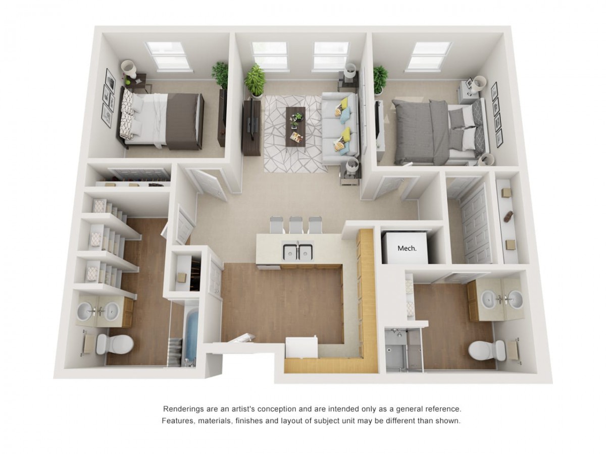 A 3D floor plan of a modern two-bedroom apartment featuring an open concept kitchen and living room.