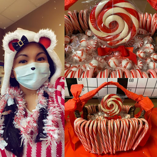 Getting into the festive spirit with candy-themed decorations and a cheerful outfit!