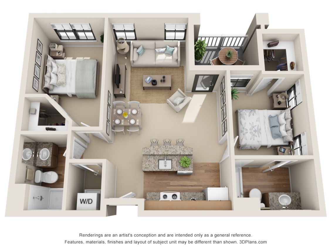 A 3D floor plan of a two-bedroom apartment featuring a living room, kitchen, dining area, and bathroom.