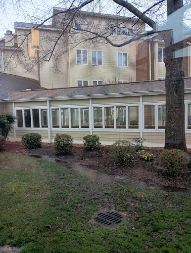 A view of a building's exterior with several windows and a landscaped area.