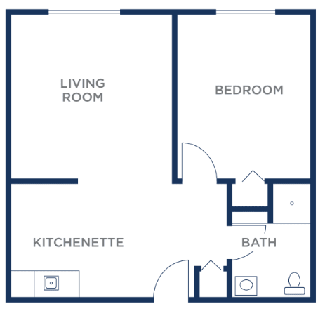 A simple floor plan featuring a living room, bedroom, kitchenette, and bathroom.