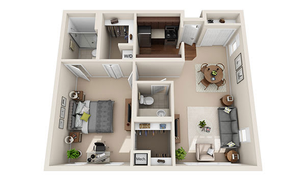 1-bedroom apartment floor plan with living room, kitchen, bathroom, and dining area.