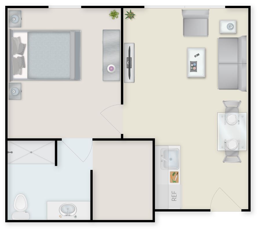 A simple floor plan of a one-bedroom apartment featuring a living room, kitchen, and bathroom.