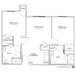 Blueprint of a two-bedroom apartment layout.