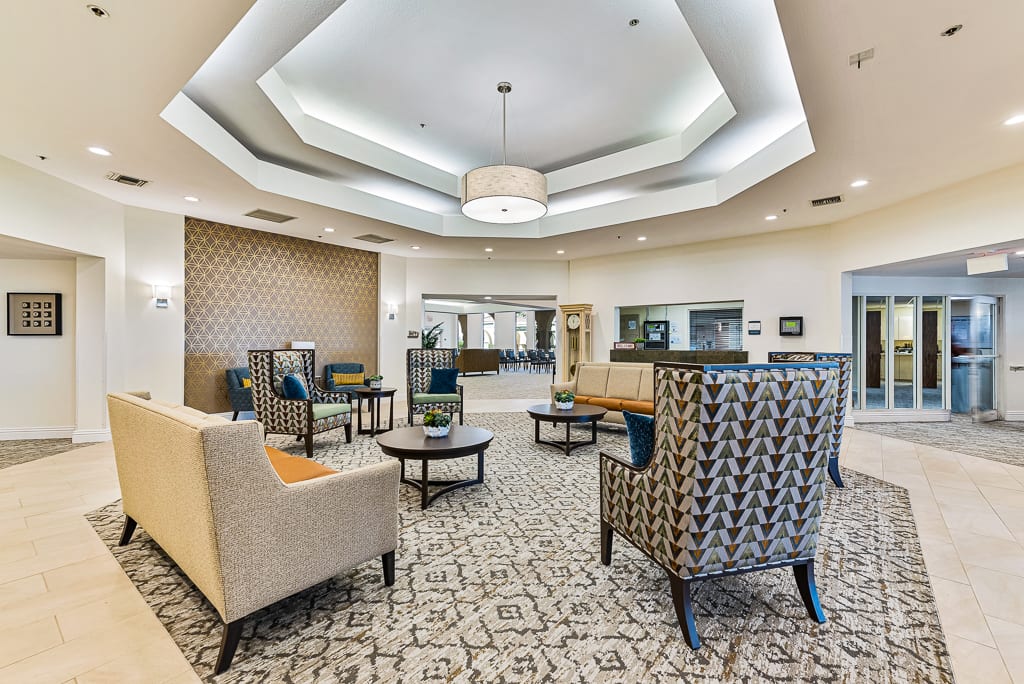 A modern lobby with comfortable seating and stylish decor.