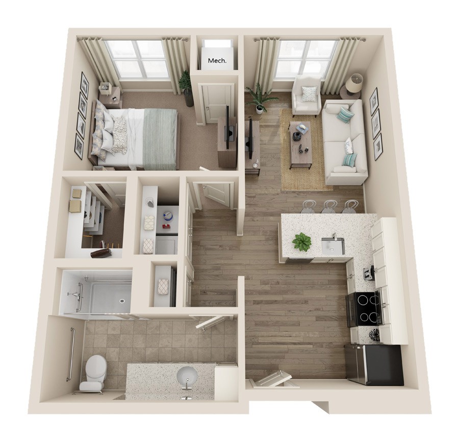 A 3D floor plan of a one-bedroom apartment featuring a kitchen, living area, and bathroom.