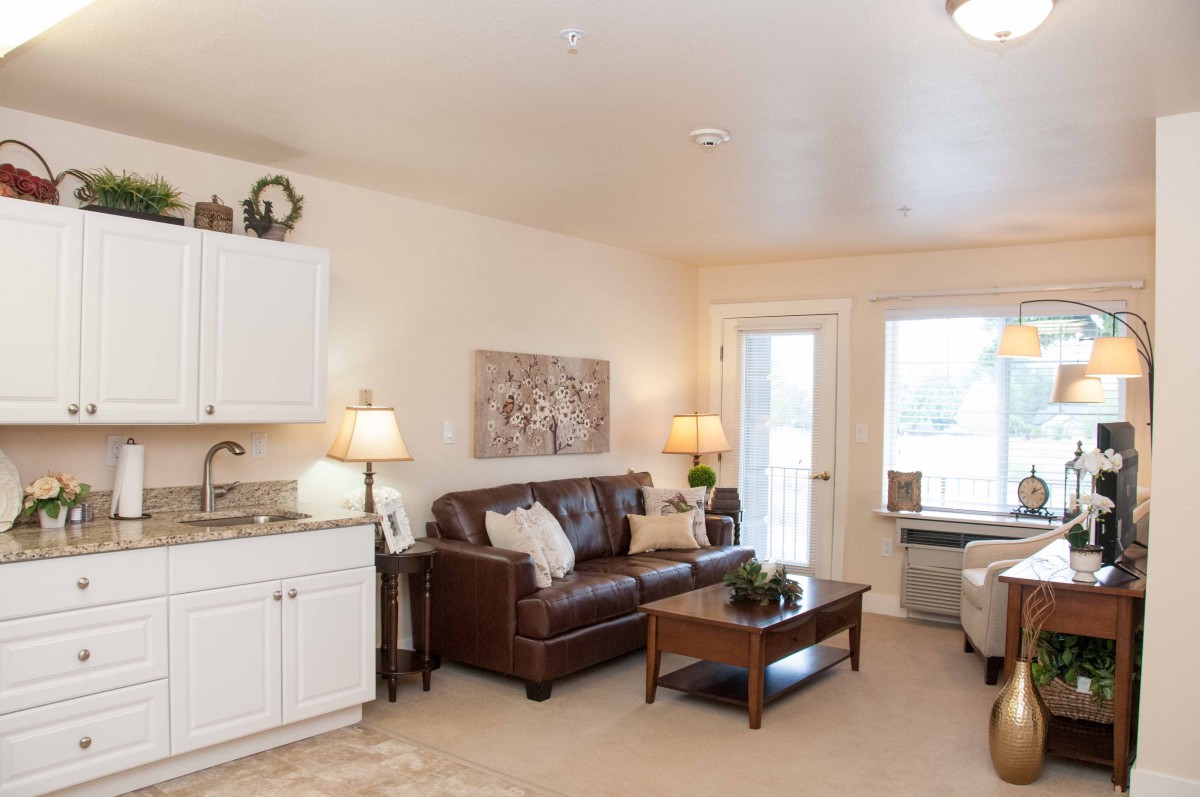 A cozy living room with a leather sofa, coffee table, and kitchenette.