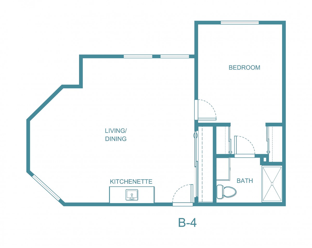 This image depicts a floor plan of a one-bedroom apartment, featuring a living/dining area, kitchenette, and bathroom.