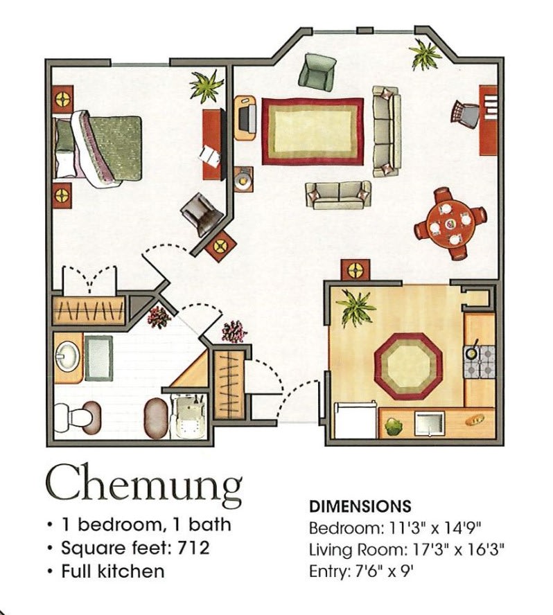 Chemung apartment floor plan with one bedroom and one bathroom.