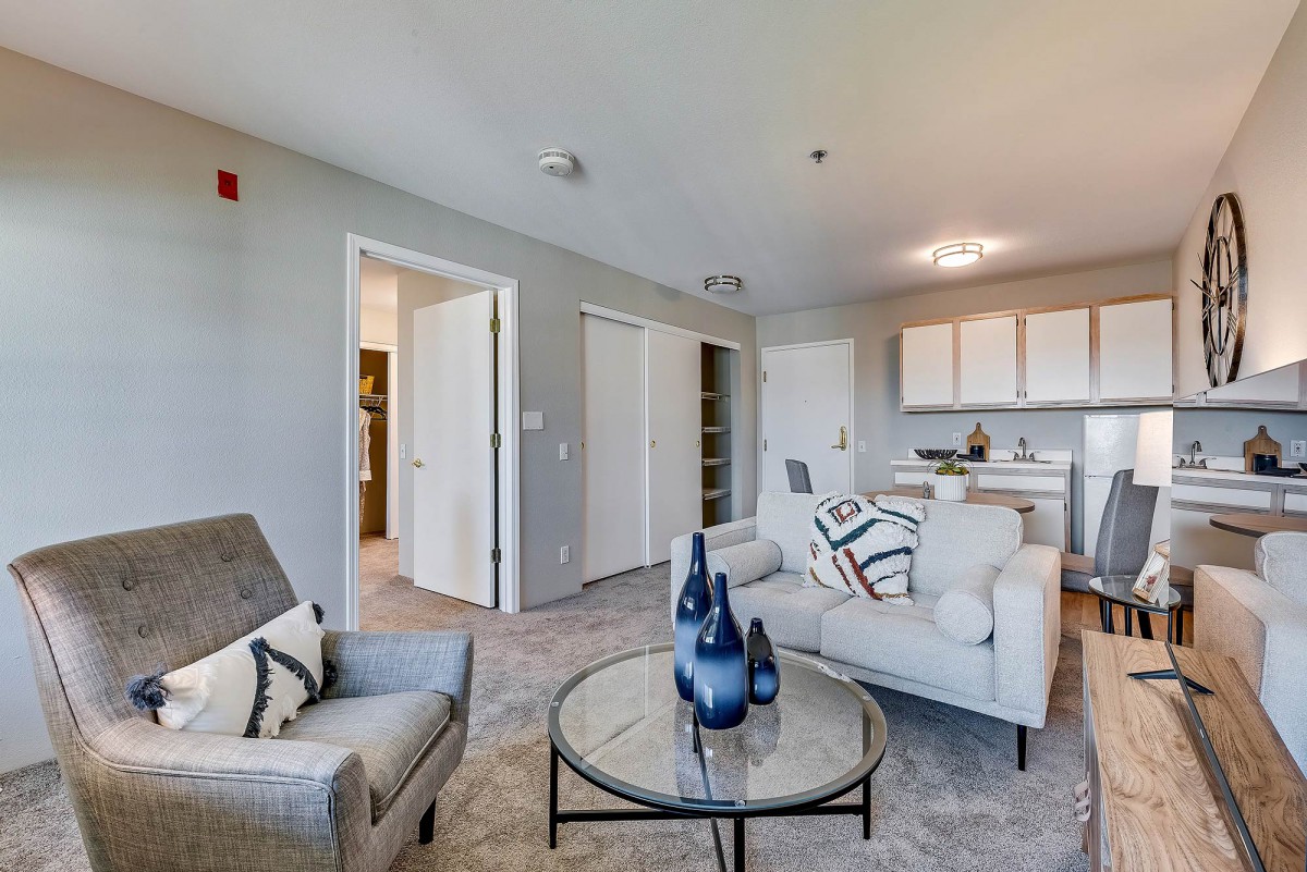 A modern living room with elegant furniture and decorative elements, showcasing an open space layout.