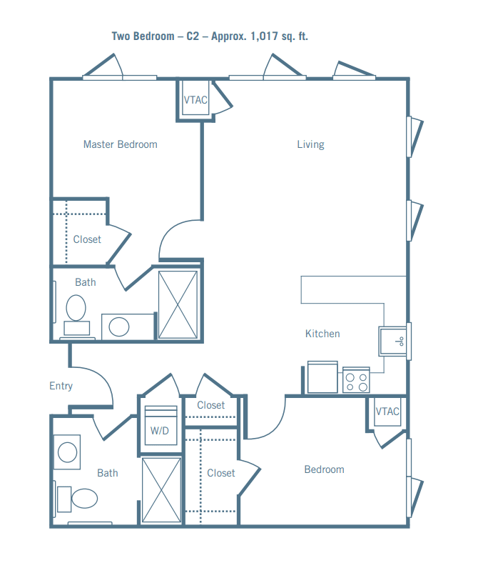 Blueprint of a two-bedroom apartment layout.