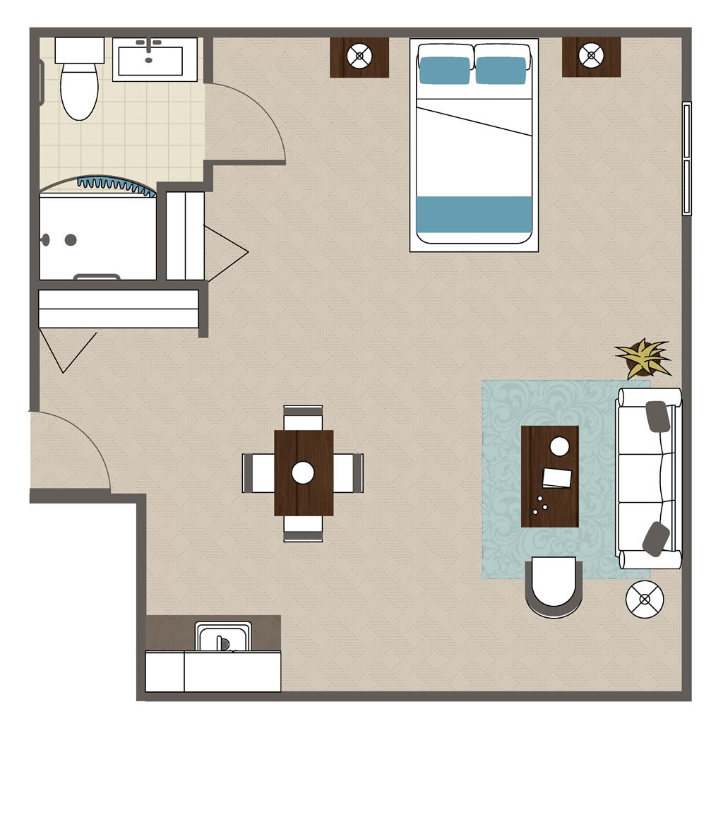 A floor plan of a compact apartment, featuring a living room, bedroom, kitchen area, and bathroom.