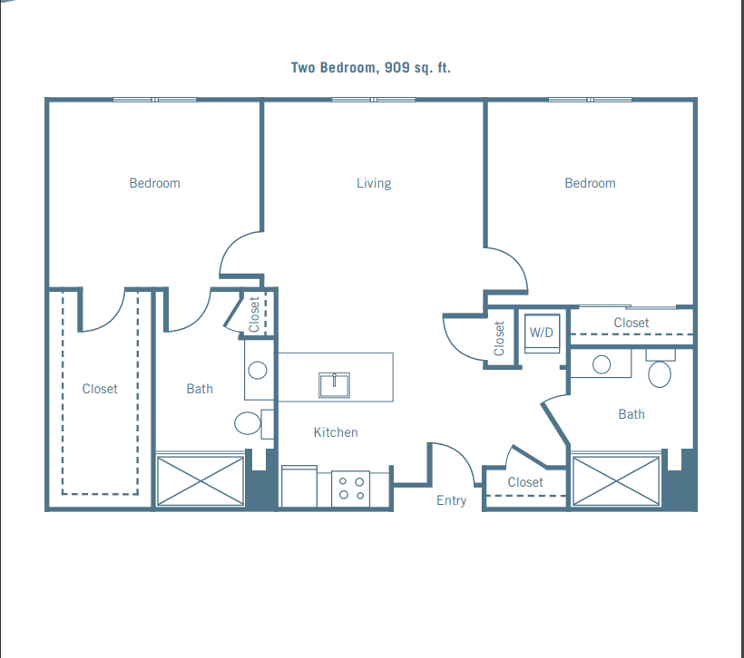 Floor plan of a two-bedroom apartment, featuring living room, kitchen, and bathroom.