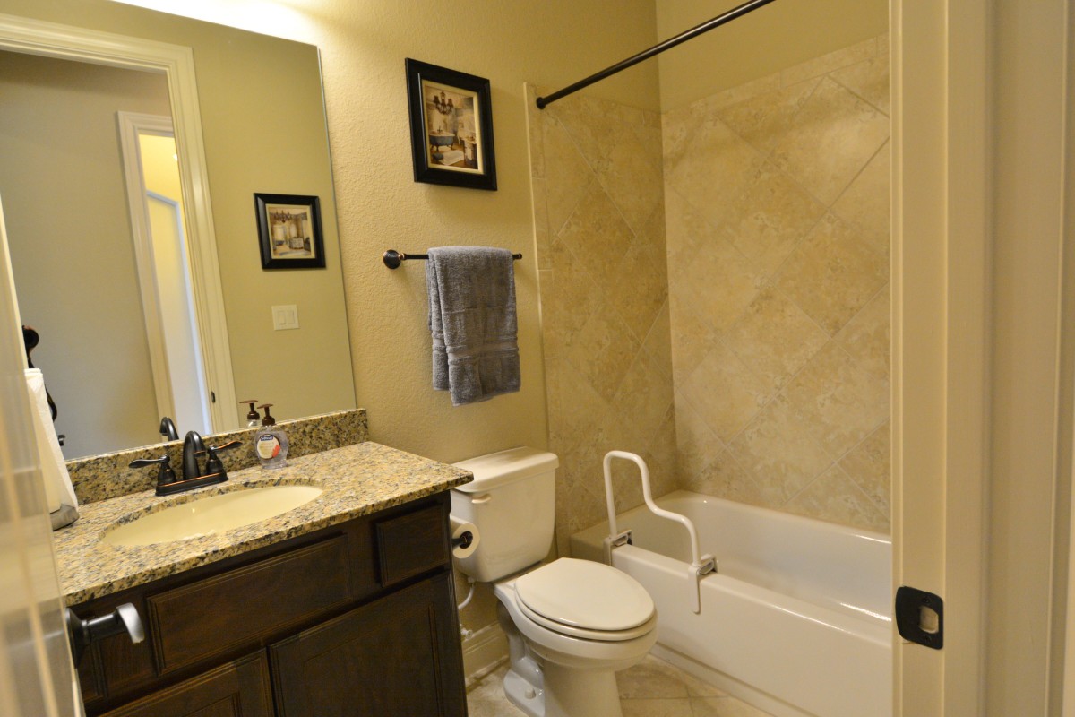A modern bathroom with a granite countertop, toilet, bathtub with a safety handle, and decorative wall art.
