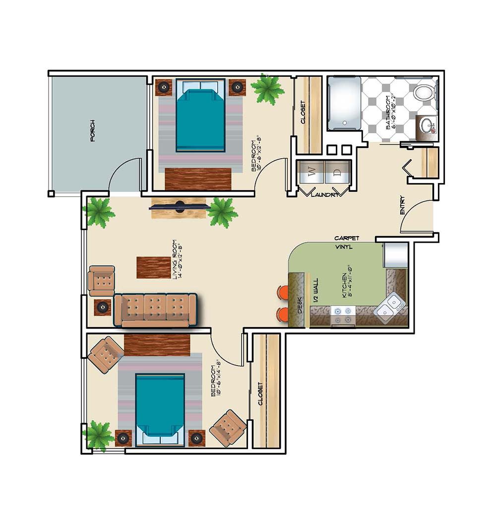 A detailed floor plan showcasing a two-bedroom apartment with a living room, kitchen, and bathroom.