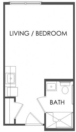 Basic floor plan of a studio apartment with combined living and bedroom area, and a separate bathroom.