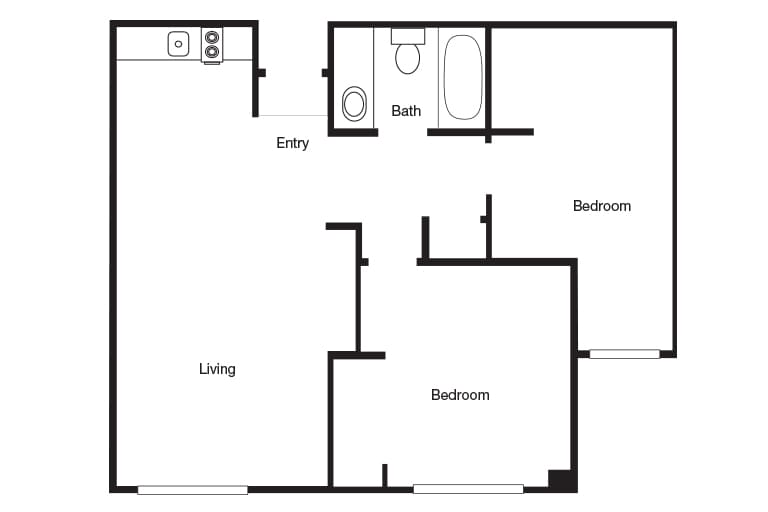 A simple floor plan of an apartment showcasing the layout of rooms, including a living room, bathroom, kitchen, and bedroom.