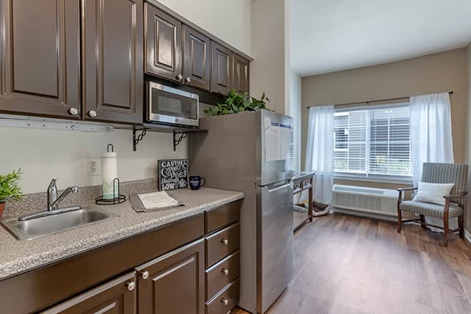 Modern apartment kitchen with dark cabinetry and stainless steel appliances.