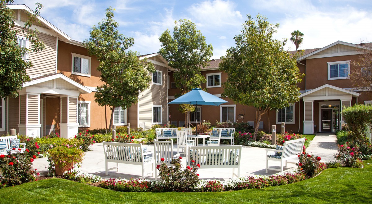 A picturesque outdoor seating area with chairs and a table under a blue umbrella, surrounded by greenery and trees in front of a residential building.