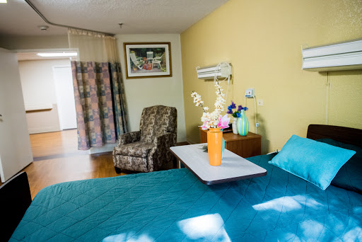 A cozy and well-decorated bedroom with a vibrant blue bedspread, a comfortable chair, and a vase of fresh flowers.