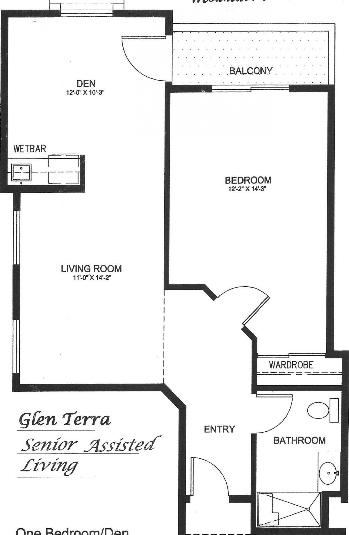 A floor plan of a one-bedroom apartment, showing the layout of the living room, kitchen, bedroom, and bathroom.