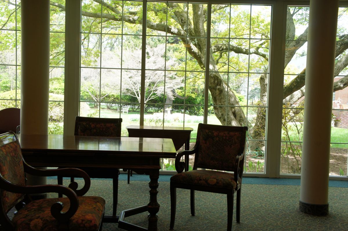 A room with chairs and a table, overlooking large windows with a view of trees outside.