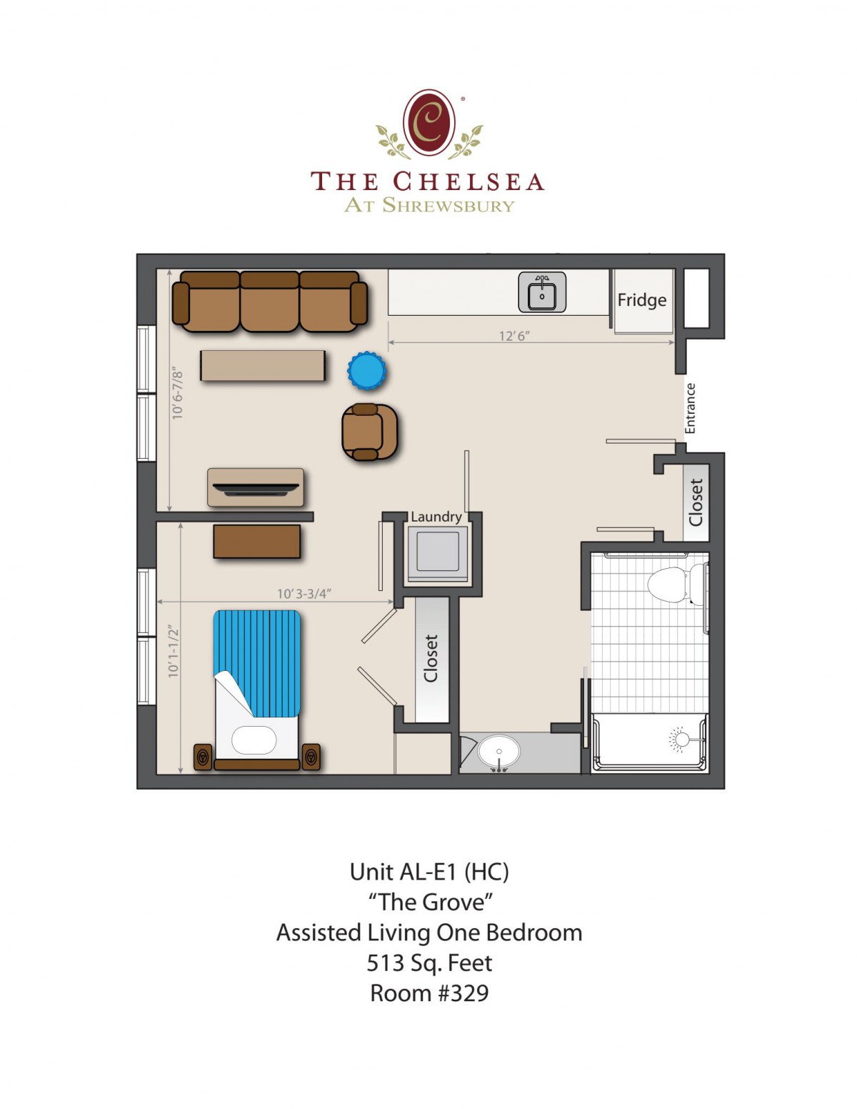 Floor plan of an assisted living one-bedroom unit at The Chelsea, titled 'The Cove'.