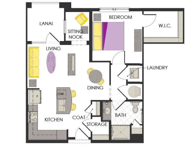 A floor plan of a one-bedroom apartment, featuring a living room, kitchen, dining area, bathroom, and laundry space.