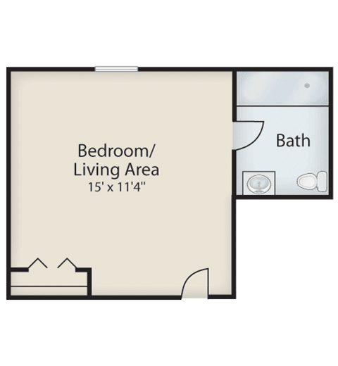 Studio apartment floor plan with a combined bedroom and living area, including a separate bathroom.
