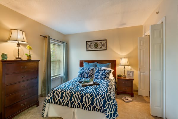 A cozy bedroom with a neatly made bed, stylish bedding, and warm lighting.