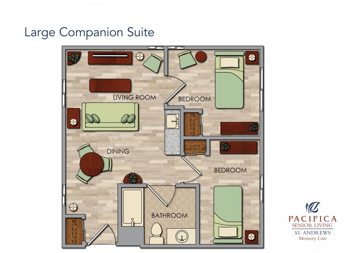 A floor plan of a companion suite featuring bedrooms, a living room, and bathroom.