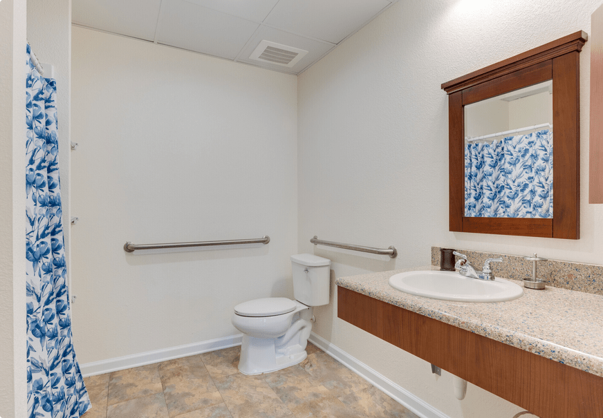 A clean, accessible bathroom with grab bars and a mirror above the sink.