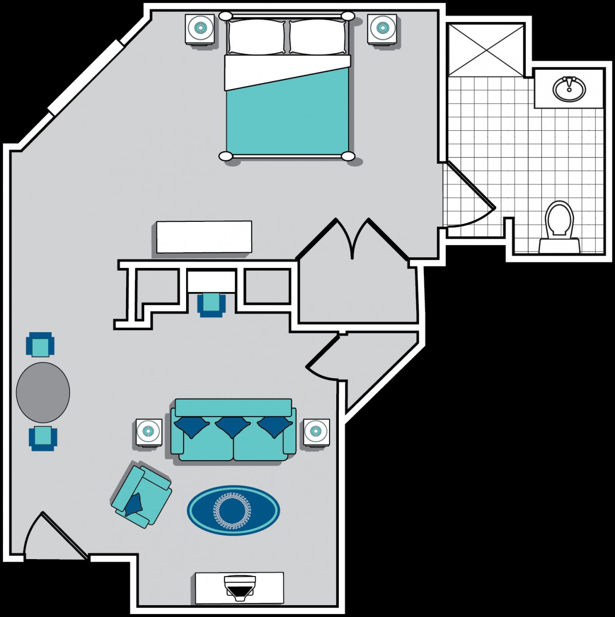 A floor plan depicting a one-bedroom apartment with designated areas for the living room, kitchen, and bathroom.