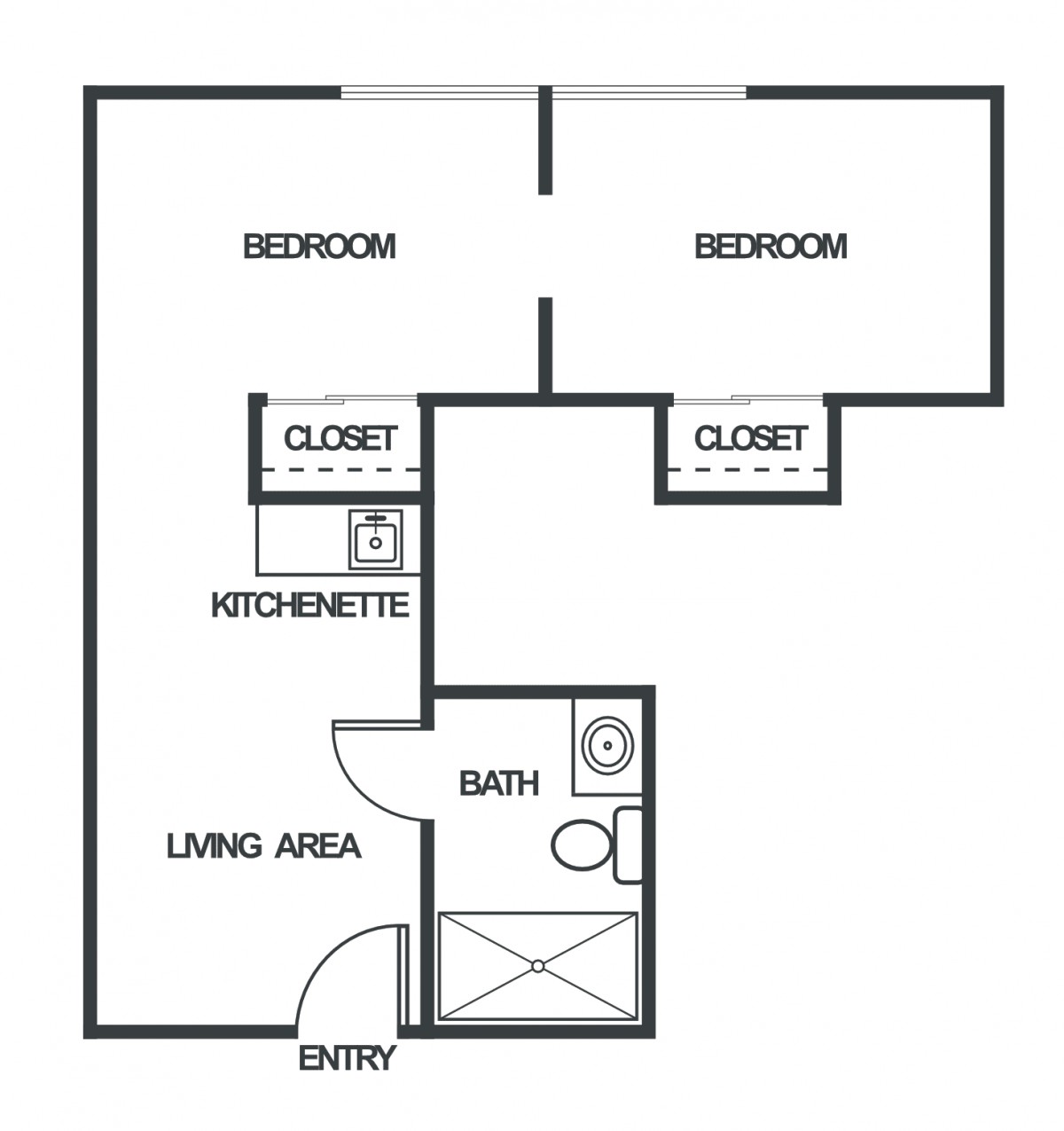 A simple floor plan of a two-bedroom apartment with a kitchenette, living area, bathroom, and closets.