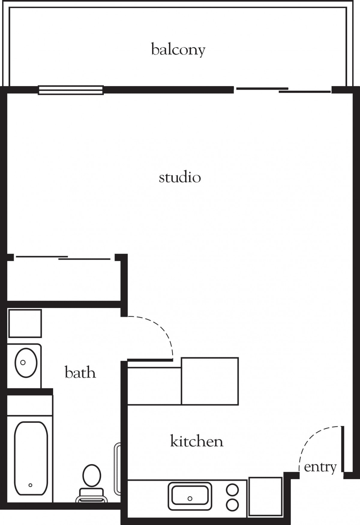 A floor plan of a studio apartment showing the arrangement of the kitchen, bath, and living space.