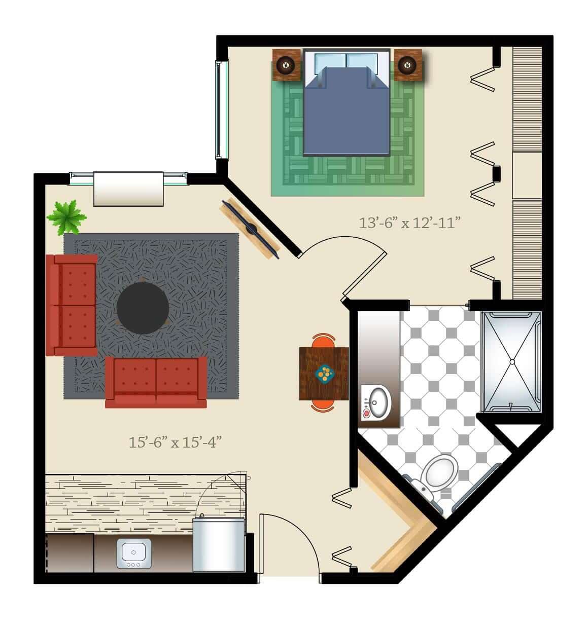 A floor plan of a one-bedroom apartment featuring a living room, bedroom, kitchen, and bathroom.