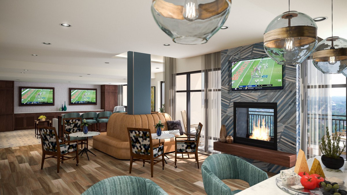 A modern seating area with a television and fireplace.