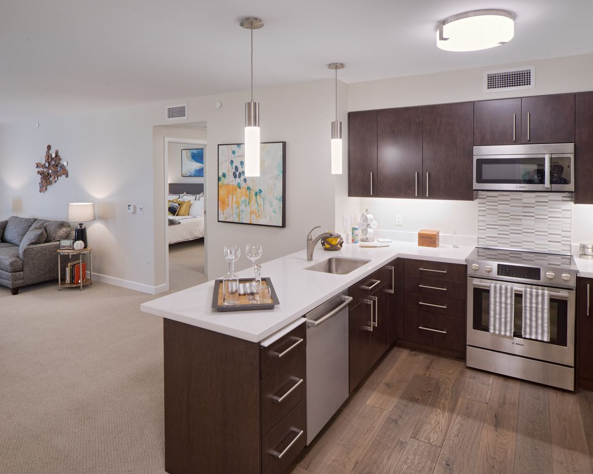 A modern kitchen with dark wood cabinets and stainless steel appliances in an open floor plan.