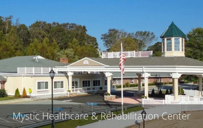 A healthcare and rehabilitation center surrounded by trees, featuring an American flag in front.