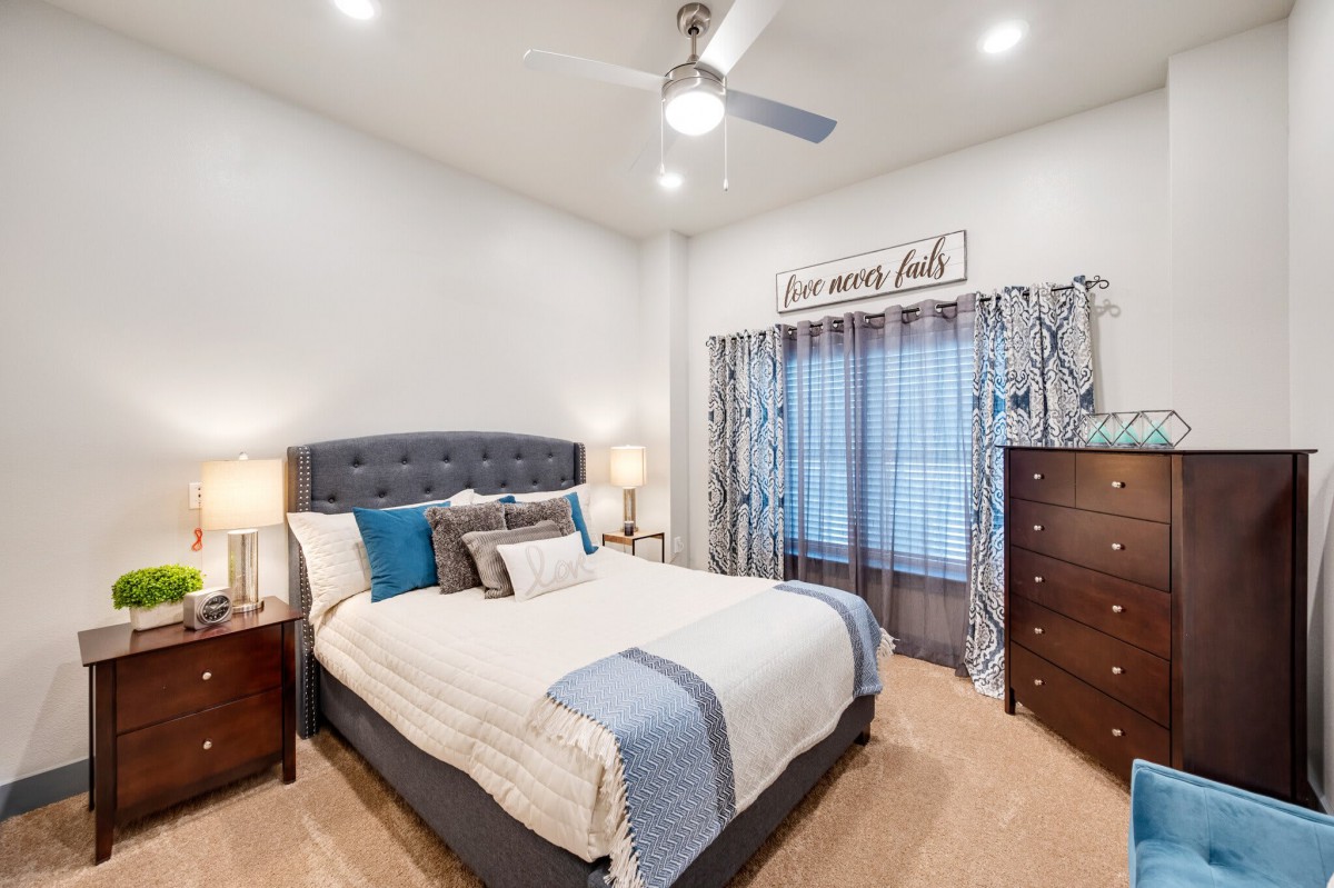 A modern bedroom with stylish decor, featuring a bed with decorative pillows, bedside lamps, and a ceiling fan.