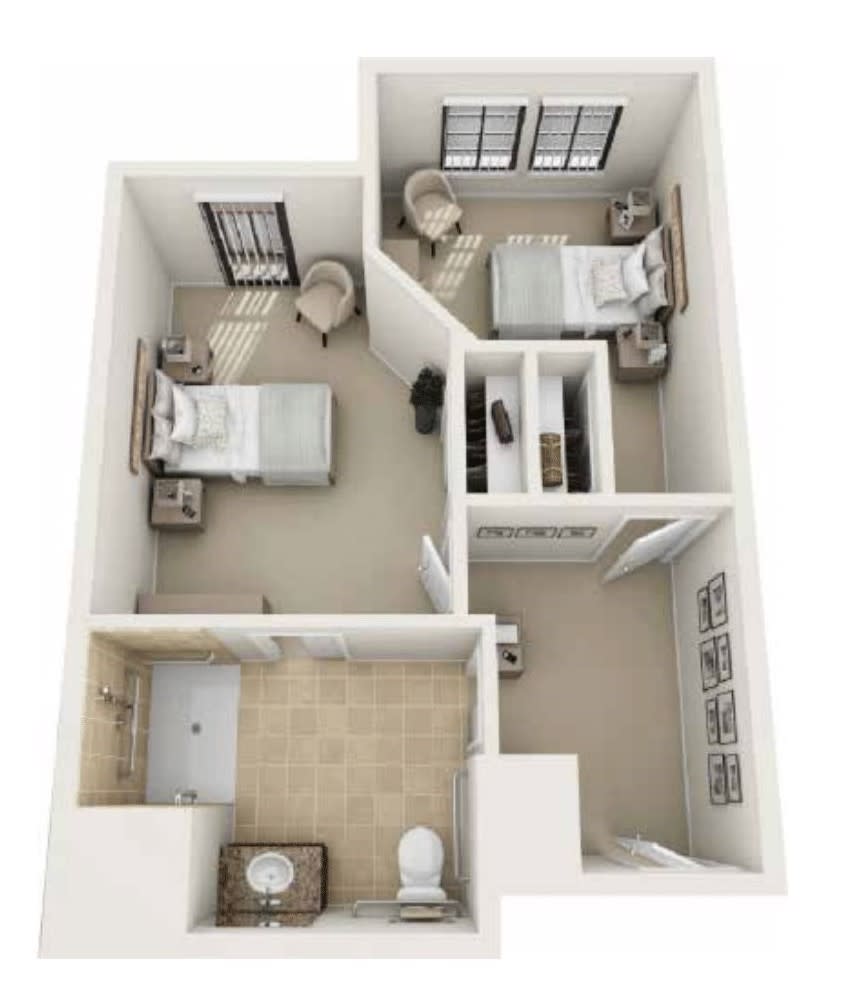 A 3D floor plan of a two-bedroom apartment with a bathroom and living area.