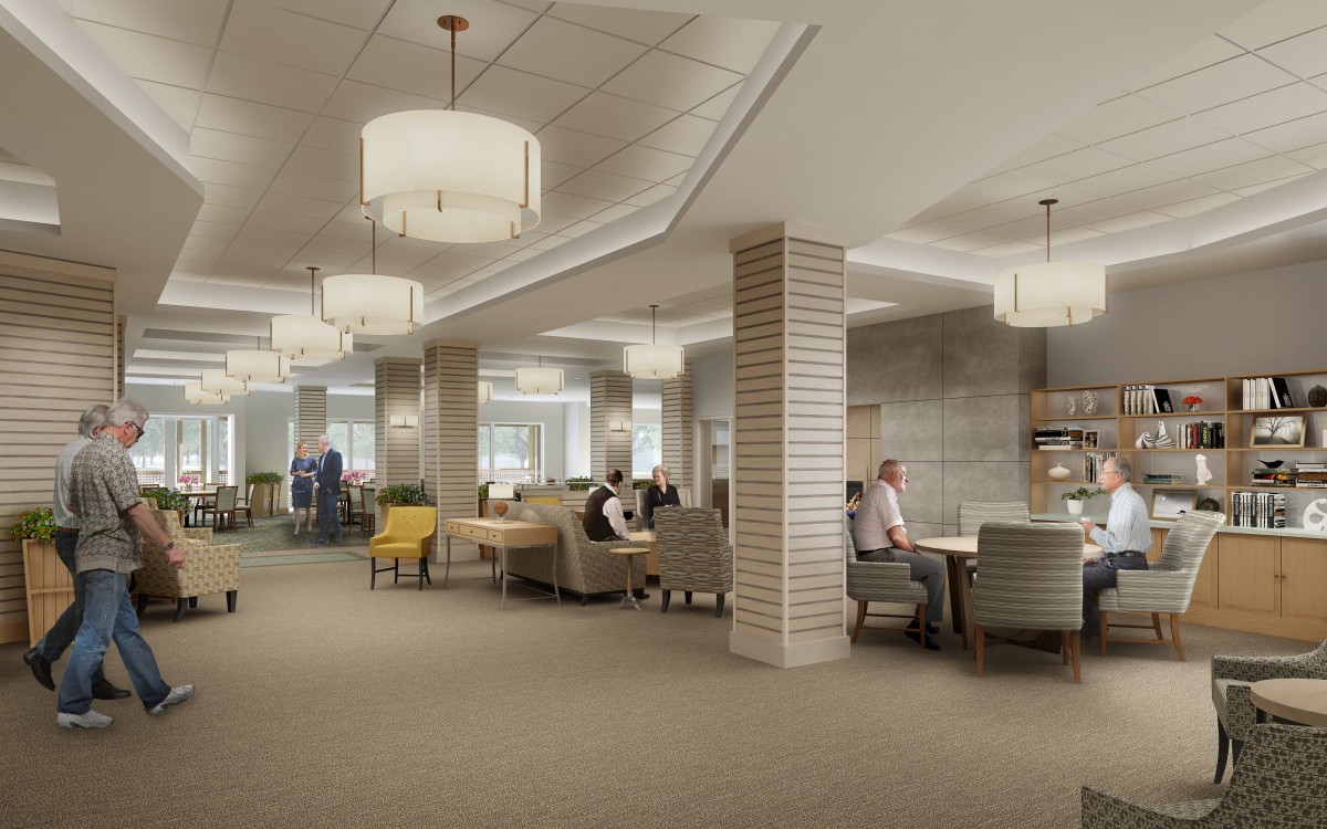 A modern lounge area with comfortable seating and stylish lighting fixtures.