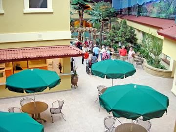 A lively courtyard with green umbrellas over tables, where people gather for conversation and relaxation.