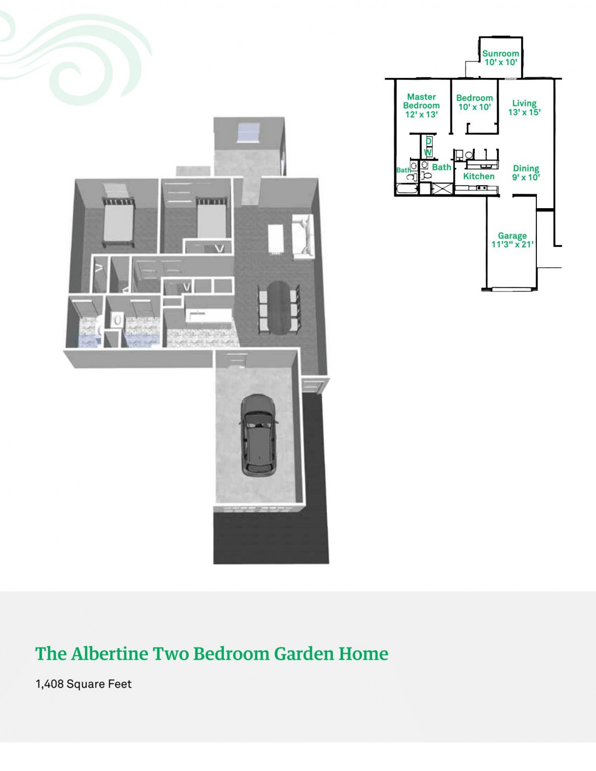 3D floor plan of a modern two-bedroom house with a garage.