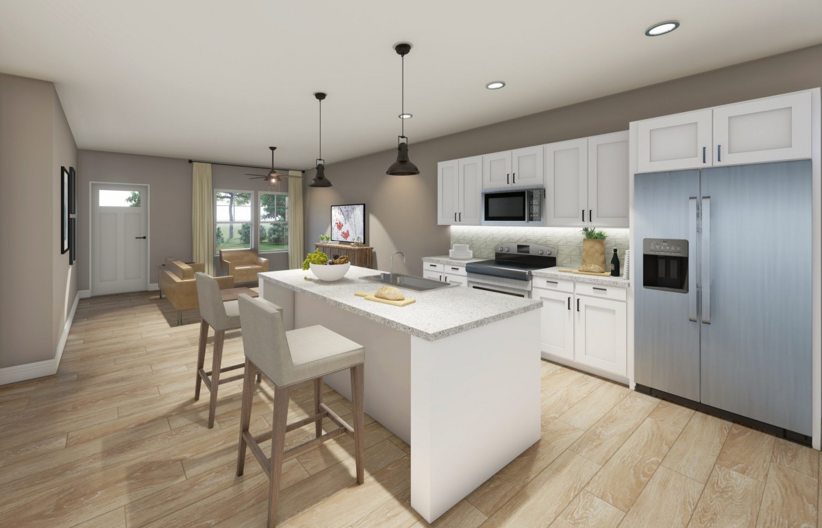 Modern kitchen with an island, open layout, and stylish pendant lighting.